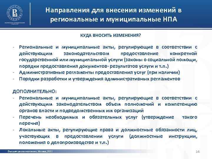 Направления для внесения изменений в региональные и муниципальные НПА КУДА ВНОСИТЬ ИЗМЕНЕНИЯ? - Региональные