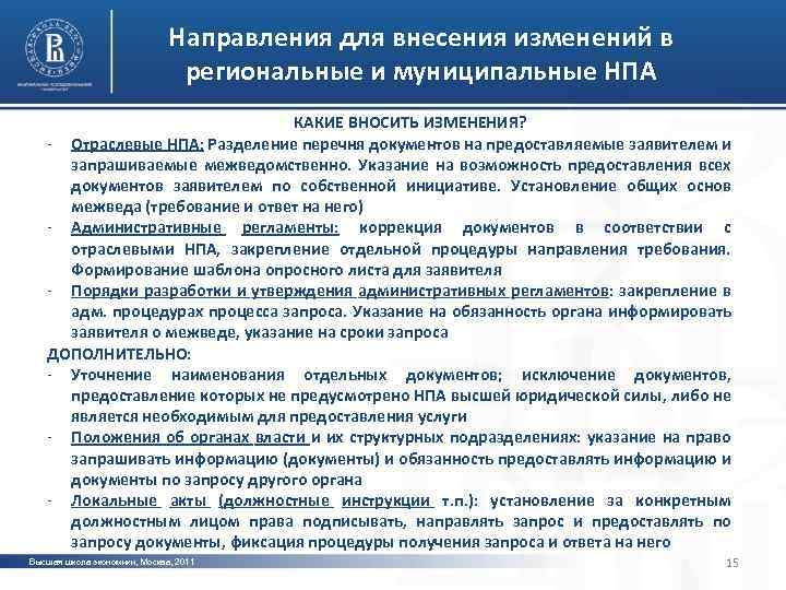Направления для внесения изменений в региональные и муниципальные НПА КАКИЕ ВНОСИТЬ ИЗМЕНЕНИЯ? - Отраслевые