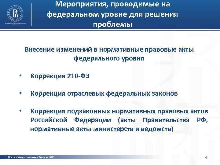 Мероприятия, проводимые на федеральном уровне для решения проблемы Внесение изменений в нормативные правовые акты