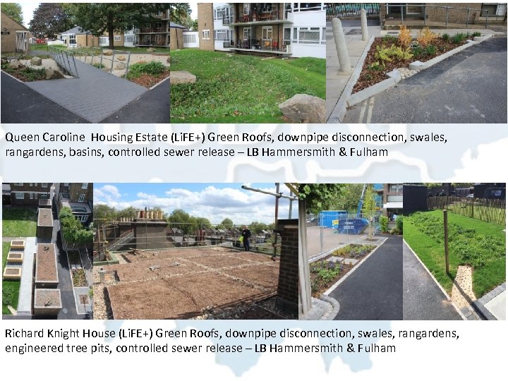 Queen Caroline Housing Estate (Li. FE+) Green Roofs, downpipe disconnection, swales, rangardens, basins, controlled