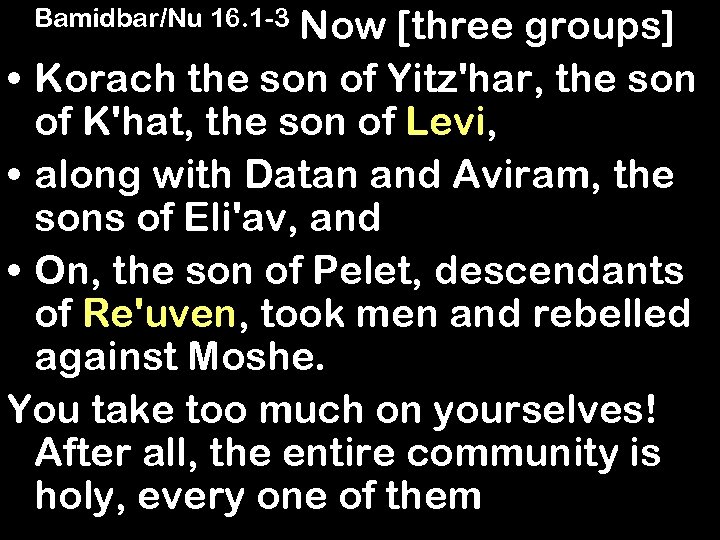 Now [three groups] • Korach the son of Yitz'har, the son of K'hat, the