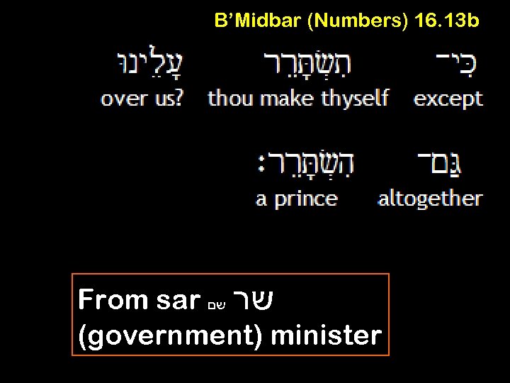 B’Midbar (Numbers) 16. 13 b From sar שר שם (government) minister 