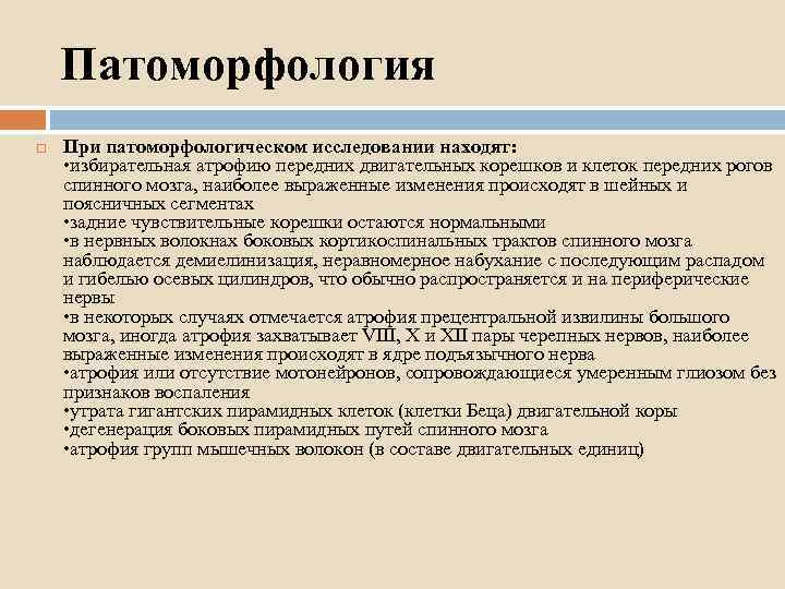 Патоморфология При патоморфологическом исследовании находят: • избирательная атрофию передних двигательных корешков и клеток передних