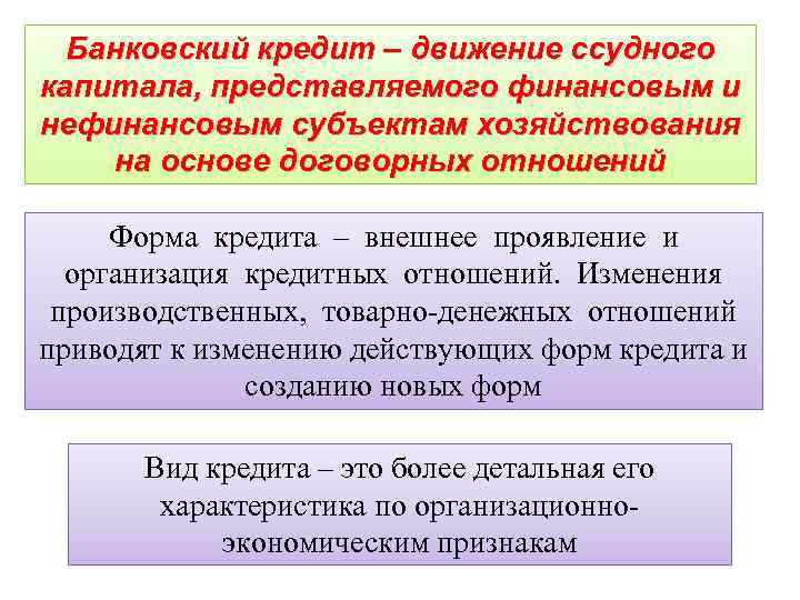 Банковский кредит – движение ссудного капитала, представляемого финансовым и нефинансовым субъектам хозяйствования на основе