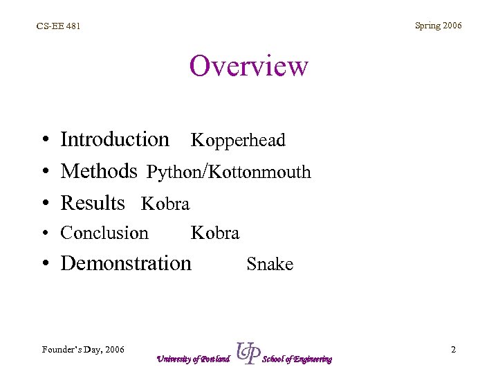 Spring 2006 CS-EE 481 Overview • Introduction Kopperhead • Methods Python/Kottonmouth • Results Kobra