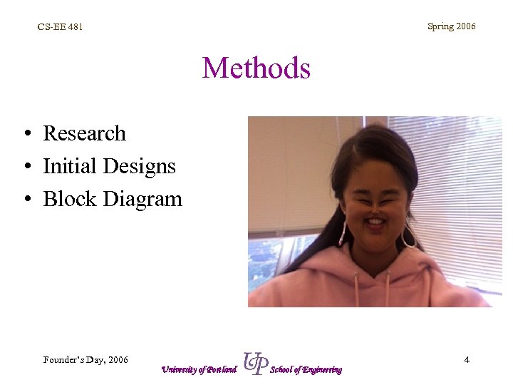 Spring 2006 CS-EE 481 Methods • Research • Initial Designs • Block Diagram Founder’s