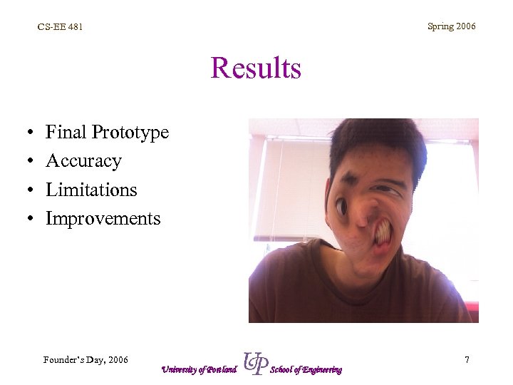 Spring 2006 CS-EE 481 Results • • Final Prototype Accuracy Limitations Improvements Founder’s Day,