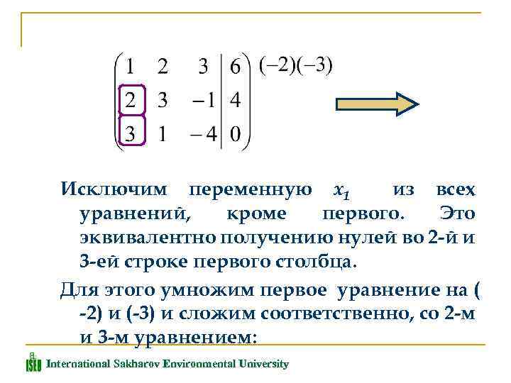 Исключим переменную x 1 из всех уравнений, кроме первого. Это эквивалентно получению нулей во