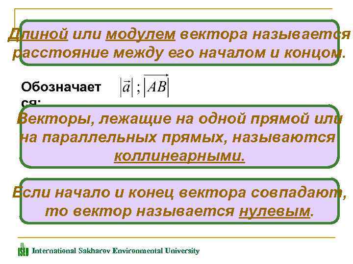Длиной или модулем вектора называется расстояние между его началом и концом. Обозначает ся: Векторы,
