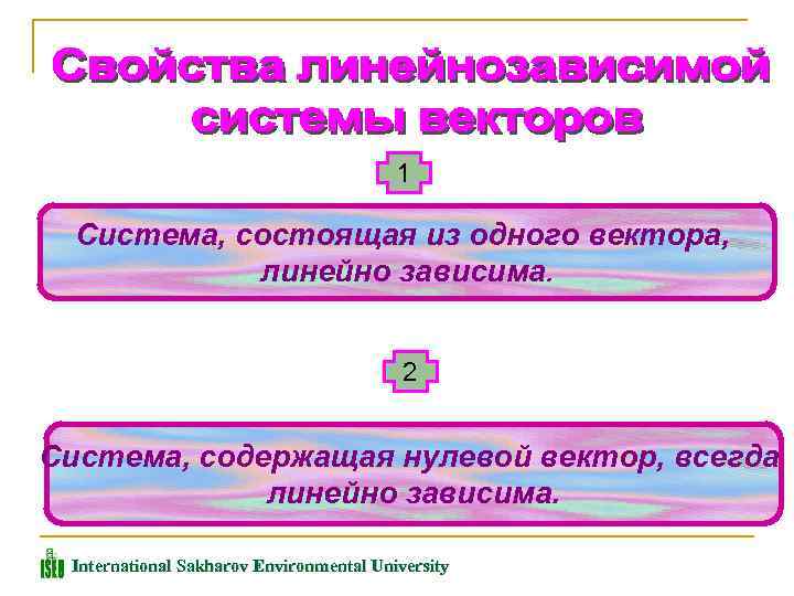1 Система, состоящая из одного вектора, линейно зависима. 2 Система, содержащая нулевой вектор, всегда