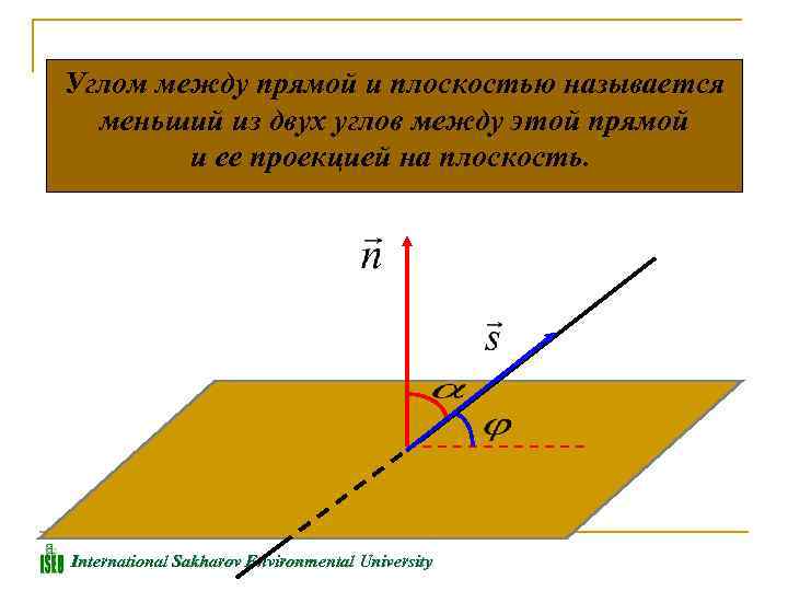 Углом между прямой и плоскостью называется меньший из двух углов между этой прямой и