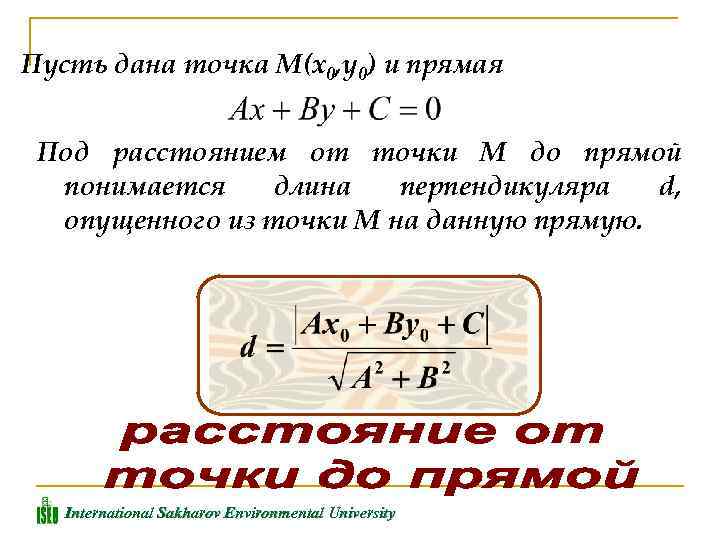 Пусть дана точка М(х0, у0) и прямая Под расстоянием от точки М до прямой