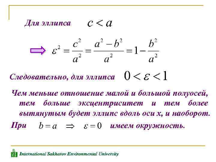 Для эллипса Следовательно, для эллипса Чем меньше отношение малой и большой полуосей, тем больше