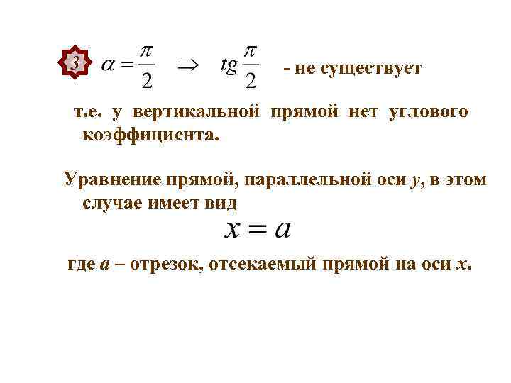 3 - не существует т. е. у вертикальной прямой нет углового коэффициента. Уравнение прямой,