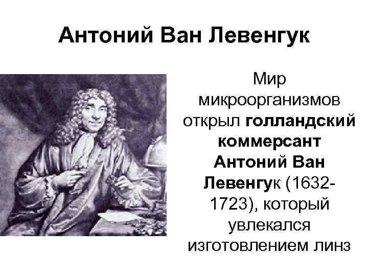 Антоний Ван Левенгук Мир микроорганизмов открыл голландский коммерсант Антоний Ван Левенгук (16321723), который увлекался