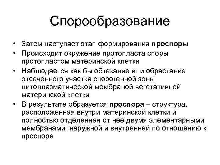 Спорообразование • Затем наступает этап формирования проспоры • Происходит окружение протопласта споры протопластом материнской