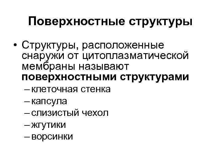 Поверхностные структуры • Структуры, расположенные снаружи от цитоплазматической мембраны называют поверхностными структурами – клеточная