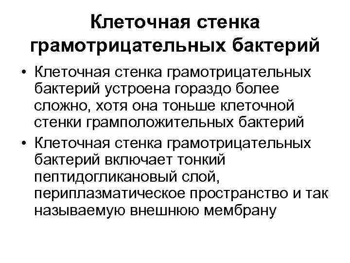 Клеточная стенка грамотрицательных бактерий • Клеточная стенка грамотрицательных бактерий устроена гораздо более сложно, хотя