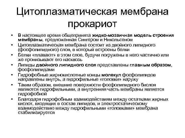 Цитоплазматическая мембрана прокариот • • В настоящее время общепринята жидко-мозаичная модель строения мембраны, предложенная