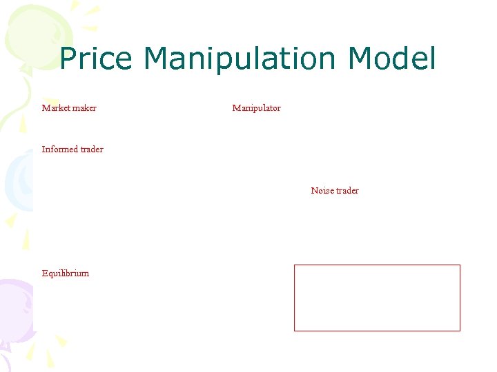 Price Manipulation Model Market maker Manipulator Informed trader Noise trader Equilibrium 