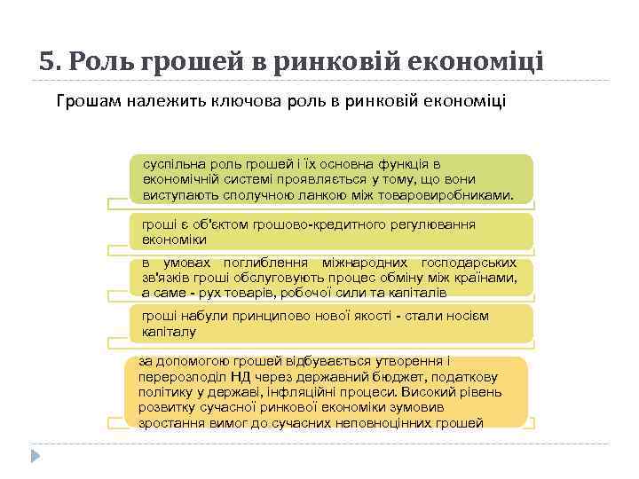 5. Роль грошей в ринковій економіці Грошам належить ключова роль в ринковій економіці суспільна