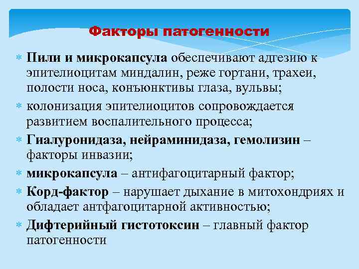 Факторы патогенности Пили и микрокапсула обеспечивают адгезию к эпителиоцитам миндалин, реже гортани, трахеи, полости