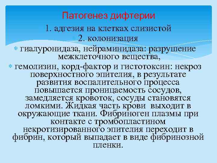 Патогенез дифтерии 1. адгезия на клетках слизистой 2. колонизация гиалуронидаза, нейраминидаза: разрушение межклеточного вещества,