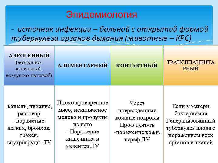 Эпидемиология - источник инфекции – больной с открытой формой туберкулеза органов дыхания (животные –