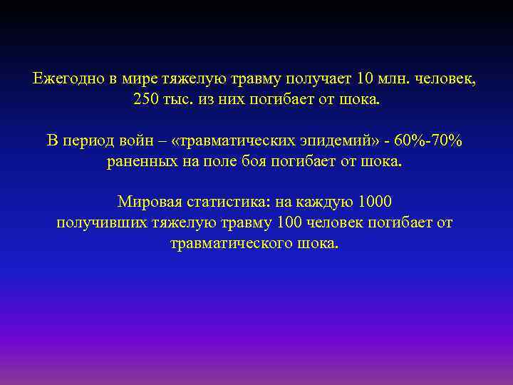 Ежегодно в мире тяжелую травму получает 10 млн. человек, 250 тыс. из них погибает