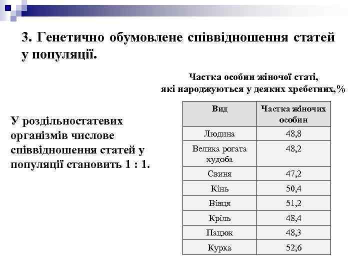 3. Генетично обумовлене співвідношення статей у популяції. Частка особин жіночої статі, які народжуються у