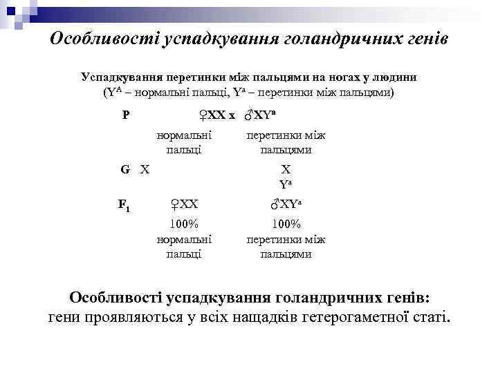 Особливості успадкування голандричних генів Успадкування перетинки між пальцями на ногах у людини (YА –