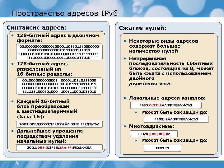 Пространство адресов IPv 6 Синтаксис адреса: • 128 битный адрес в двоичном формате: 00100000010000110110111000000010111100111011