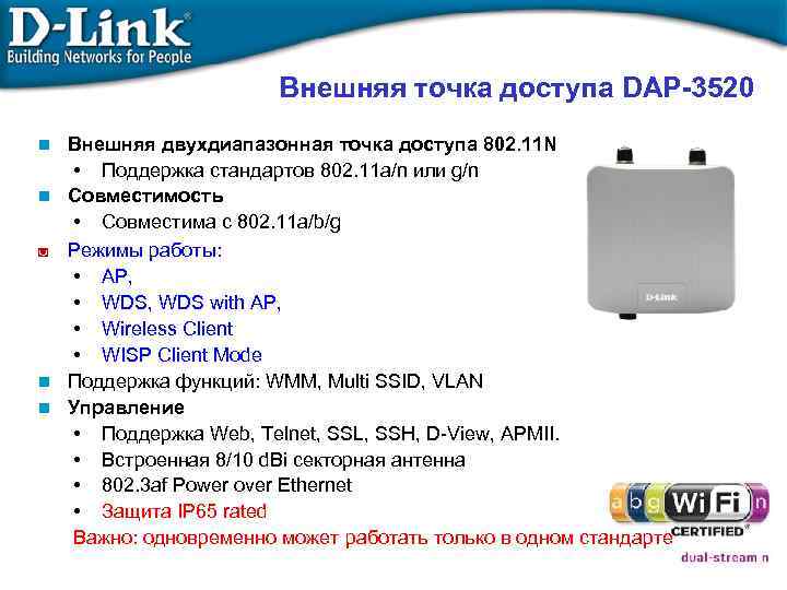 Внешняя точка доступа DAP-3520 ◙ Внешняя двухдиапазонная точка доступа 802. 11 N • Поддержка