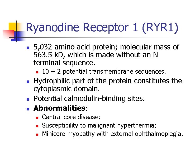 Ryanodine Receptor 1 (RYR 1) n 5, 032 -amino acid protein; molecular mass of