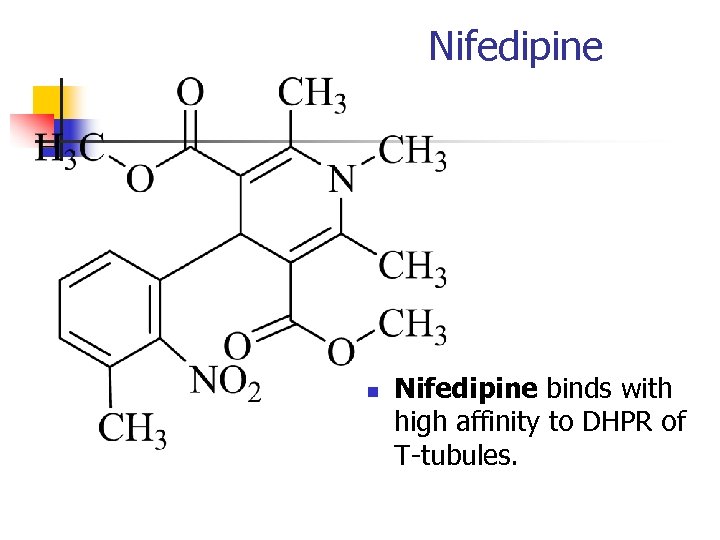 Nifedipine n Nifedipine binds with high affinity to DHPR of T-tubules. 