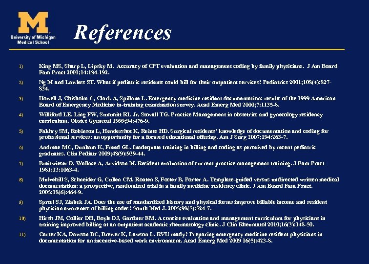 References 1) King MS, Sharp L, Lipsky M. Accuracy of CPT evaluation and management