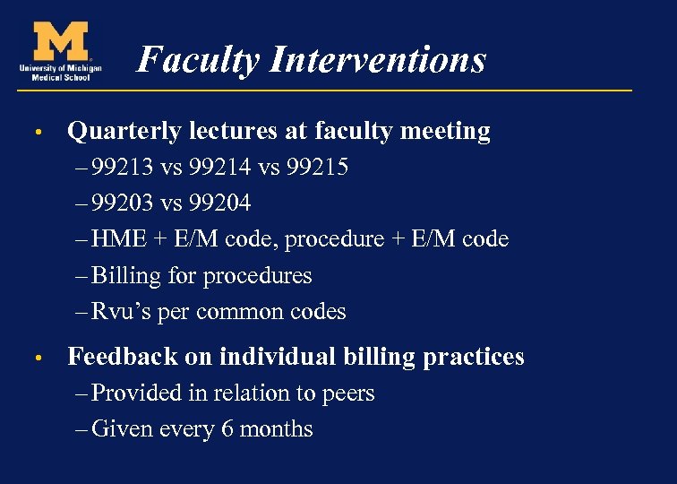 Faculty Interventions • Quarterly lectures at faculty meeting – 99213 vs 99214 vs 99215