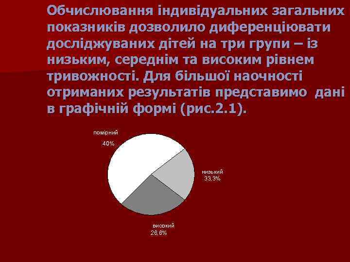 Обчислювання індивідуальних загальних показників дозволило диференціювати досліджуваних дітей на три групи – із низьким,
