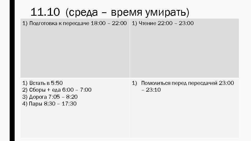 11. 10 (среда – время умирать) 1) Подготовка к пересдаче 18: 00 – 22: