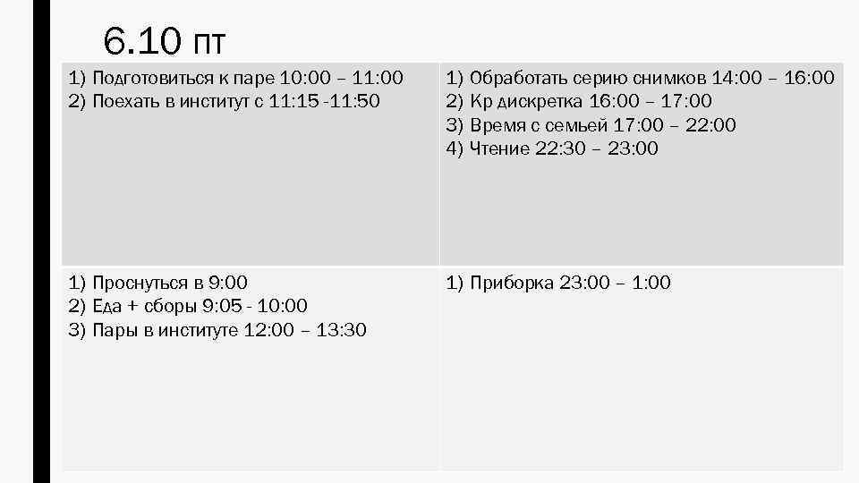 6. 10 пт 1) Подготовиться к паре 10: 00 – 11: 00 2) Поехать