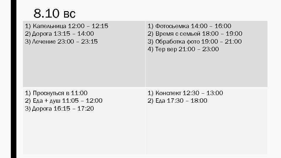 8. 10 вс 1) Капельница 12: 00 – 12: 15 2) Дорога 13: 15