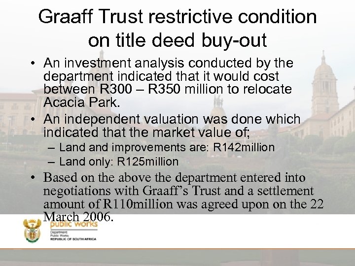 Graaff Trust restrictive condition on title deed buy-out • An investment analysis conducted by