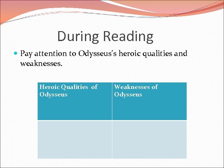 During Reading Pay attention to Odysseus’s heroic qualities and weaknesses. Heroic Qualities of Odysseus