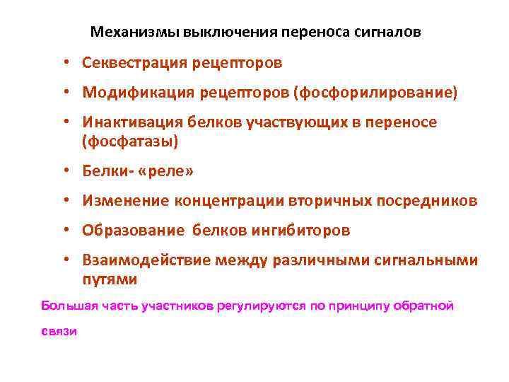 Механизмы выключения переноса сигналов • Секвестрация рецепторов • Модификация рецепторов (фосфорилирование) • Инактивация белков