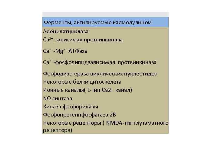 Ферменты, активируемые калмодулином Аденилатциклаза Ca 2+-зависимая протеинкиназа Ca 2+-Mg 2+ AТФаза Ca 2+-фосфолипидзависимая протеинкиназа