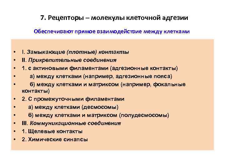 7. Рецепторы – молекулы клеточной адгезии Обеспечивают прямое взаимодействие между клетками • • •