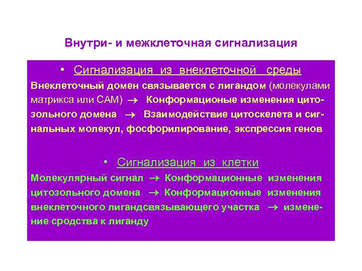 Внутри- и межклеточная сигнализация • Сигнализация из внеклеточной среды Внеклеточный домен связывается с лигандом