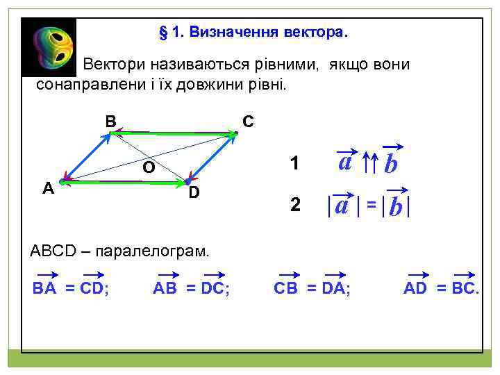 § 1. Визначення вектора. Вектори називаються рівними, якщо вони сонаправлени і їх довжини рівні.