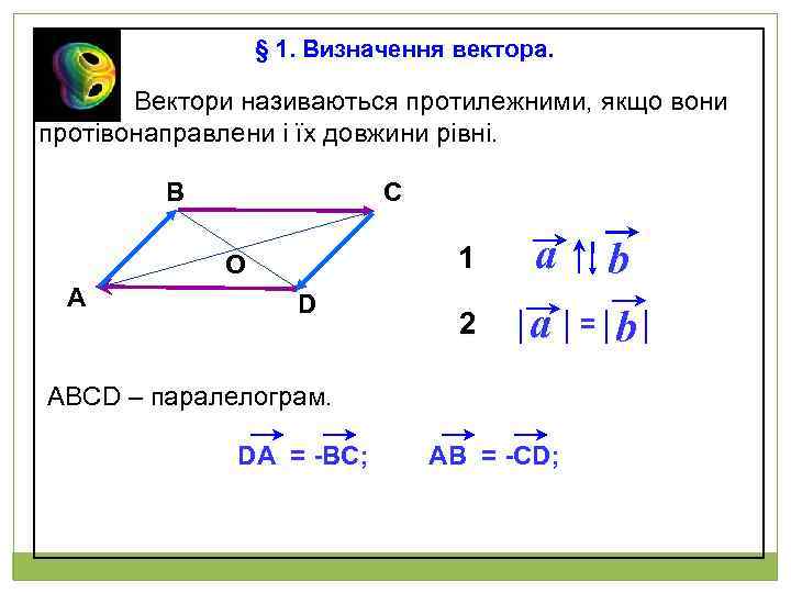 § 1. Визначення вектора. Вектори називаються протилежними, якщо вони протівонаправлени і їх довжини рівні.