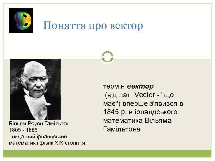 Поняття про вектор Вільям Роуен Гамільтон 1805 - 1865 видатний ірландський математик і фізик